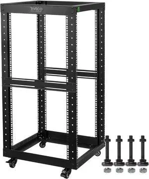 RIVECO 22U Open Frame Server Rack with Wheels- Heavy Duty 4 Post Quick Assembly 19-inch, Stereo Rack Rolling Network Shelf Black RIVECO 22U Open Frame Server Rack with Wheels- Heavy Duty 4 Post Quick Assembly 19-inch, Stereo Rack Rolling Network Shelf Black