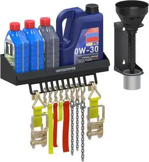 UNITEDPOWER 6 Quart Motor Oil Storage Rack, Bottle Shelf Mount Caddy With Funnel, Enclosed Race Trailer Shop Garage Organizer UNITEDPOWER 6 Quart Motor Oil Storage Rack, Bottle Shelf Mount Caddy With Funnel, Enclosed Race Trailer Shop Garage Organizer