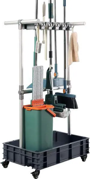 Broom mop Holder Cleaning Supplies Organizer Janitor carts on Wheels Housekeeping Station Storage Tools for Garage, Garden, Closet, Cabinet Broom mop Holder Cleaning Supplies Organizer Janitor carts on Wheels Housekeeping Station Storage Tools for Garage, Garden, Closet, Cabinet