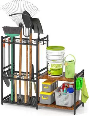DAOUTIME Garage Tool Organizer with 2-tier Wooden Shelves, Yard Tool Organizer for Garage with 6 Hooks, Heavy duty Steel Garden Tool Rack Holds up to 35 Long Handled Yard tools for Storage, Black DAOUTIME Garage Tool Organizer with 2-tier Wooden Shelves, Yard Tool Organizer for Garage with 6 Hooks, Heavy duty Steel Garden Tool Rack Holds up to 35 Long Handled Yard tools for Storage, Black