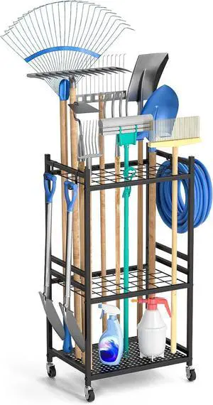 DAOUTIME Garden Organizer With Wheels, Yard Tower Rack for Garage Storage, Up to 35 Long-Handled Tools, Sturdy Metal Steel Holder With 3 Hooks, Outdoor, Black DAOUTIME Garden Organizer With Wheels, Yard Tower Rack for Garage Storage, Up to 35 Long-Handled Tools, Sturdy Metal Steel Holder With 3 Hooks, Outdoor, Black