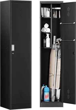 STANI Slim Broom Closet Storage Cabinet, 71" Metal Cabinet with Lock, Black STANI Slim Broom Closet Storage Cabinet, 71" Metal Cabinet with Lock, Black