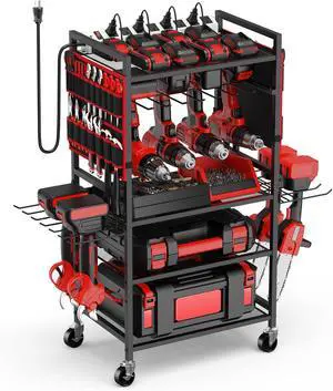 JUNNUJ Garage Large Power Tool Organizer Cart with 20A Charing Station, Heavy Duty Drill and Tools Battery Holder Storage Rack, Floor Standing Rolling Tool Cart on Wheels, Red JUNNUJ Garage Large Power Tool Organizer Cart with 20A Charing Station, Heavy Duty Drill and Tools Battery Holder Storage Rack, Floor Standing Rolling Tool Cart on Wheels, Red