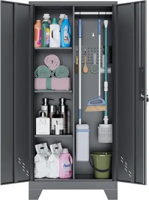 OSEILLC Metal Storage Cabinet with Locking Doors, 61" Tall Garage with Hanging Rod, Broom Closet, Freestanding Bathroom Storage Cabinet, Cleaning Tool,Utility Cabinets for Storage Locker,Black OSEILLC Metal Storage Cabinet with Locking Doors, 61" Tall Garage with Hanging Rod, Broom Closet, Freestanding Bathroom Storage Cabinet, Cleaning Tool,Utility Cabinets for Storage Locker,Black