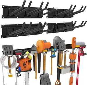 Wall-Mounted Garage Tool Organizer: 64 Inch Heavy-Duty Garden Rack & Wall Storage System - 4 Rails 10 Non-Slip Hooks for Folding Chairs, Ladders & DIY Tools Wall-Mounted Garage Tool Organizer: 64 Inch Heavy-Duty Garden Rack & Wall Storage System - 4 Rails 10 Non-Slip Hooks for Folding Chairs, Ladders & DIY Tools