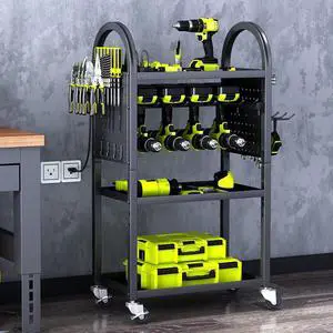 KAFAHOM Power Tool Organizer - 4 Tier Rolling Tool Cart with 8-12 Drill Holder,Tool Storage Cart on Wheels - Heavy Duty Metal Utility Tool Shelf for Garage, Workshop, Warehouse & Repair Shop KAFAHOM Power Tool Organizer - 4 Tier Rolling Tool Cart with 8-12 Drill Holder,Tool Storage Cart on Wheels - Heavy Duty Metal Utility Tool Shelf for Garage, Workshop, Warehouse & Repair Shop