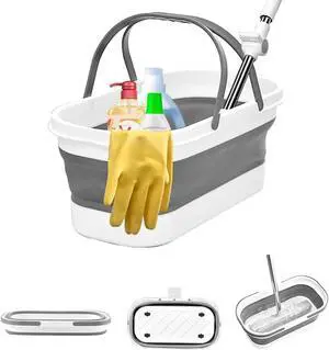 Collapsible Mop Bucket Basin Tub with Handle and Wheels, 12L (3.2 Gallon) Foldable Small Plastic Container for Household Cleaning, Car Washing, Portable Basket Bin Tool for Storage Organizer, Grey Collapsible Mop Bucket Basin Tub with Handle and Wheels, 12L (3.2 Gallon) Foldable Small Plastic Container for Household Cleaning, Car Washing, Portable Basket Bin Tool for Storage Organizer, Grey