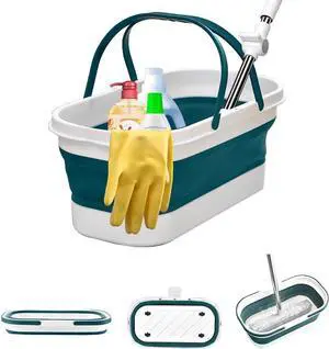 Collapsible Mop Wash Basin Bucket with Handle and Wheels, 12L (3.2 Gallon) Portable Plastic Basket Crate Tub for Storage Organization, Foldable Water Bin Container for Cleaning, Car Washing, Blue Collapsible Mop Wash Basin Bucket with Handle and Wheels, 12L (3.2 Gallon) Portable Plastic Basket Crate Tub for Storage Organization, Foldable Water Bin Container for Cleaning, Car Washing, Blue