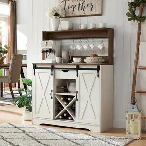 Wnutrees Farmhouse Coffee Bar Cabinet with Charging Station and USB, White Wnutrees Farmhouse Coffee Bar Cabinet with Charging Station and USB, White