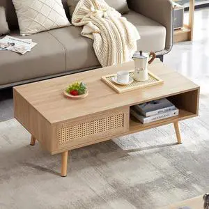 Rattan Coffee Table, 40.3" Mid Century Modern Coffee Table with Storage, Farmhouse Rectangle Wooden Accent Center Sofa Table with Rattan Sliding Door, for Living Room Christmas-Natural Rattan Coffee Table, 40.3" Mid Century Modern Coffee Table with Storage, Farmhouse Rectangle Wooden Accent Center Sofa Table with Rattan Sliding Door, for Living Room Christmas-Natural