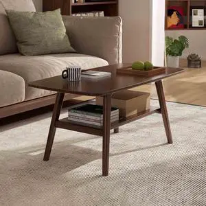 100% Solid Wood Coffee Table for Living Room, 39.37" Mid Century Modern Tables with Shelf Storage, 2-Tier Coffee Table with Rounded Corners (Oak Wood Walnut Color, 39.37" L) 100% Solid Wood Coffee Table for Living Room, 39.37" Mid Century Modern Tables with Shelf Storage, 2-Tier Coffee Table with Rounded Corners (Oak Wood Walnut Color, 39.37" L)
