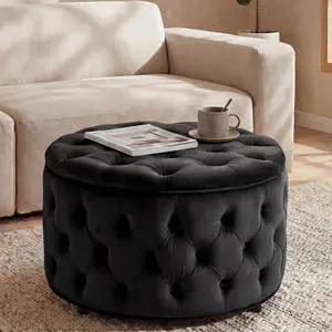 Homebeez 28 Inch Round Storage Ottoman, Velvet Button Tufted Ottoman, Removable Lid Coffee Table, Upholstered Hidden Storage Footrest Stool for Living Room, Bedroom, Black Homebeez 28 Inch Round Storage Ottoman, Velvet Button Tufted Ottoman, Removable Lid Coffee Table, Upholstered Hidden Storage Footrest Stool for Living Room, Bedroom, Black