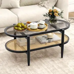 GIANTEX Rattan Coffee Table, 40" Wood Oval Center Table, Black GIANTEX Rattan Coffee Table, 40" Wood Oval Center Table, Black