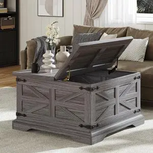 VVFLU Farmhouse Coffee Table with Storage, Square Center Table for Living Room, Rustic, Hinged Lift Top Soft Close, Wood, Large Hidden Storage, Modern, Metal Corner, Grey VVFLU Farmhouse Coffee Table with Storage, Square Center Table for Living Room, Rustic, Hinged Lift Top Soft Close, Wood, Large Hidden Storage, Modern, Metal Corner, Grey