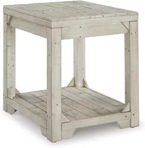 Signature Design by Ashley Fregine Farmhouse Rectangular End Table with Lower Open Shelf, Triangle Bracket Accents, Wood, 25.25" High, Weathered White Signature Design by Ashley Fregine Farmhouse Rectangular End Table with Lower Open Shelf, Triangle Bracket Accents, Wood, 25.25" High, Weathered White