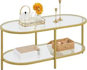 Yaheetech 42" Oval Glass Coffee Table with Storage for Living Room, Gold Yaheetech 42" Oval Glass Coffee Table with Storage for Living Room, Gold