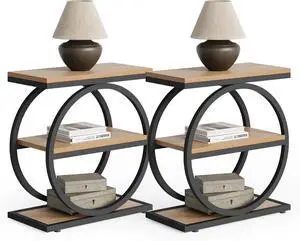 LITTLE TREE 3-Tier End Table, Side Table with Storage Shelves, Small Sofa Side Table for Living Room, Wooden Side End Table with Double Round Metal Legs, Slim Nightstand and Bedside Table, Oak LITTLE TREE 3-Tier End Table, Side Table with Storage Shelves, Small Sofa Side Table for Living Room, Wooden Side End Table with Double Round Metal Legs, Slim Nightstand and Bedside Table, Oak
