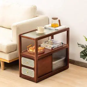 Tiita Rattan Nightstand, Bamboo End Table with Glass Top & Storage, Brown Tiita Rattan Nightstand, Bamboo End Table with Glass Top & Storage, Brown
