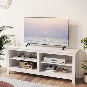 Gyger Modern TV Stand for 65 inch TV, White Wood TV Cabinet with 4 Open Storage Shelves, Fits 50-65 Inch TVs, 55 Inches W x 15 Inches D x 22.8 Inches H Gyger Modern TV Stand for 65 inch TV, White Wood TV Cabinet with 4 Open Storage Shelves, Fits 50-65 Inch TVs, 55 Inches W x 15 Inches D x 22.8 Inches H