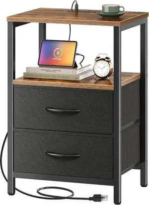Huuger Nightstand with Charging Station, Side Table with Fabric Drawers Huuger Nightstand with Charging Station, Side Table with Fabric Drawers