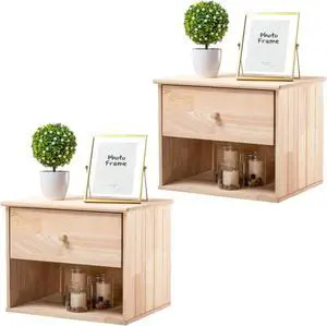 VINGLI Unfinished Natural Solid Wood Floating Nightstand for Bedroom Set of 2, Small Nightstand with Drawer & Open Shelf, Farmhouse Night Stand Wall-Mounted Bedside Table for Small Space Color DIY VINGLI Unfinished Natural Solid Wood Floating Nightstand for Bedroom Set of 2, Small Nightstand with Drawer & Open Shelf, Farmhouse Night Stand Wall-Mounted Bedside Table for Small Space Color DIY