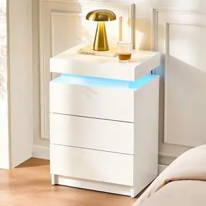 CLIPOP Modern Nightstand, LED Night Stand with 3 High Gloss Chest of Drawers, Bedside Table Cabinet with Remote Control Lights, Wood Matte Nightstand 21.6" Tall Bedroom Furniture, White CLIPOP Modern Nightstand, LED Night Stand with 3 High Gloss Chest of Drawers, Bedside Table Cabinet with Remote Control Lights, Wood Matte Nightstand 21.6" Tall Bedroom Furniture, White