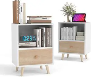 JAXPETY Nightstands Set of 2, Night Stand with Drawer and Open Storage Shelf, Bedside Tables with Solid Wood Legs, End Table, Side Table, for Bedroom(2-Pack, White) JAXPETY Nightstands Set of 2, Night Stand with Drawer and Open Storage Shelf, Bedside Tables with Solid Wood Legs, End Table, Side Table, for Bedroom(2-Pack, White)