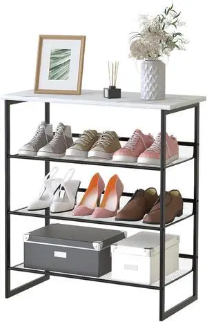 Garden 4 you Shoe Rack for Entryway 4 Tiers 11.8" D x 25" W x 28" H, Metal Shoe Rocks with White Wooden Tabletop, Angled Shoes Rack with Adjustable Mesh Shelves for Entryway Hallway Closet Garden 4 you Shoe Rack for Entryway 4 Tiers 11.8" D x 25" W x 28" H, Metal Shoe Rocks with White Wooden Tabletop, Angled Shoes Rack with Adjustable Mesh Shelves for Entryway Hallway Closet