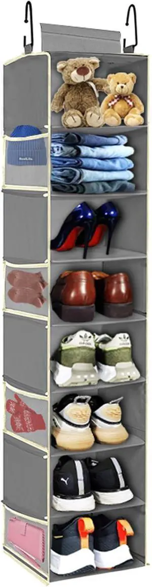 Large-Sized Hanging Shoe Organizer 8-Shelf, Hanging Closet Organizer with 8 Side Pockets, Wider Hanging Shelves for Storage Shoes Clothes 9" W × 11.8" D× 48" H, Grey Large-Sized Hanging Shoe Organizer 8-Shelf, Hanging Closet Organizer with 8 Side Pockets, Wider Hanging Shelves for Storage Shoes Clothes 9" W × 11.8" D× 48" H, Grey