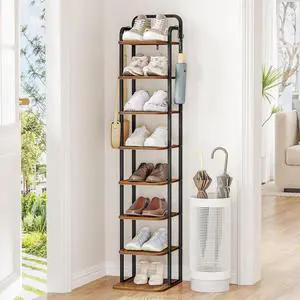 Hzuaneri 8 Tiers Vertical Shoe Rack, Narrow Shoe Tower, Tall Shoes Shelf with 2 Hooks, Adjustable Shelves, Corner Shoes Shelves for Small Spaces, Entryway, Living Room, Rustic Brown SR04301B Hzuaneri 8 Tiers Vertical Shoe Rack, Narrow Shoe Tower, Tall Shoes Shelf with 2 Hooks, Adjustable Shelves, Corner Shoes Shelves for Small Spaces, Entryway, Living Room, Rustic Brown SR04301B