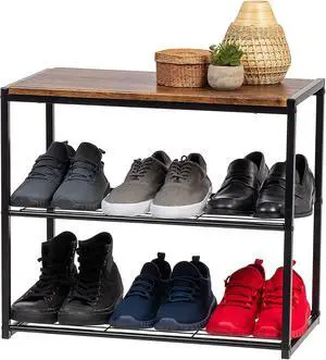 IRIS USA 3-Tier Shoe Rack, Holds 6 Pairs, Wood Metal Bench IRIS USA 3-Tier Shoe Rack, Holds 6 Pairs, Wood Metal Bench