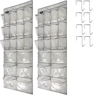 2 Pack Extra Large Hanging Crystal Clear Over Door Shoe Organizers, Closet Shoe Rack Organizer, 12+6 Pockets, 8 Hooks, Grey (59" x 21.6") 2 Pack Extra Large Hanging Crystal Clear Over Door Shoe Organizers, Closet Shoe Rack Organizer, 12+6 Pockets, 8 Hooks, Grey (59" x 21.6")