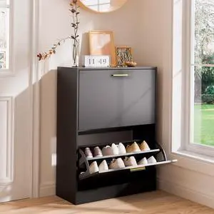 LYNSOM Modern Entryway Shoe Cabinet with 2 Flip Drawers and Top Display, BlackFree Standing Tipping Bucket Shoe Rack Organizer, Narrow Slim Hidden Shoe Cabinet for Hallway, Livingroom LYNSOM Modern Entryway Shoe Cabinet with 2 Flip Drawers and Top Display, BlackFree Standing Tipping Bucket Shoe Rack Organizer, Narrow Slim Hidden Shoe Cabinet for Hallway, Livingroom