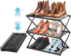 Small Shoe Rack for Entryway - 3 Tier Shoe Organizer Metal Foldable Shoes Storage Rack, Zero Tool Install, Sturdy Shoe Rack for Closet, Front Door Entrance, Living Room - Space Saving, Black Small Shoe Rack for Entryway - 3 Tier Shoe Organizer Metal Foldable Shoes Storage Rack, Zero Tool Install, Sturdy Shoe Rack for Closet, Front Door Entrance, Living Room - Space Saving, Black