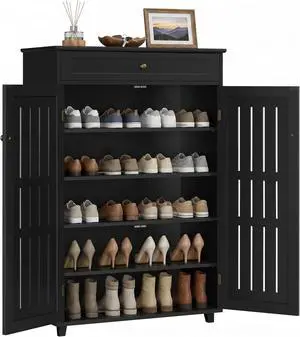 Yaheetech Tall Shoe Cabinet with Drawer & Doors for Entryway, 5-Tier Black Yaheetech Tall Shoe Cabinet with Drawer & Doors for Entryway, 5-Tier Black