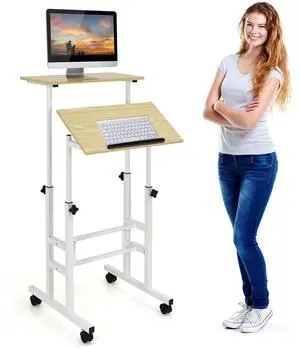 COSTWAY Mobile Standing Desk, Height Adjustable Rolling Laptop Cart w/Tilting Desktop for Standing or Sitting, Lockable Casters, Home Office Computer Workstation for Small Spaces (Natural) COSTWAY Mobile Standing Desk, Height Adjustable Rolling Laptop Cart w/Tilting Desktop for Standing or Sitting, Lockable Casters, Home Office Computer Workstation for Small Spaces (Natural)