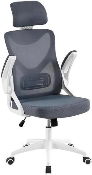 Yaheetech Ergonomic Mesh Office Chair, High Back Desk Chair with flip-up Armrests, Adjustable Padded Headrest Lumbar Support for Home Oiffce Game Room, White/Gray Yaheetech Ergonomic Mesh Office Chair, High Back Desk Chair with flip-up Armrests, Adjustable Padded Headrest Lumbar Support for Home Oiffce Game Room, White/Gray