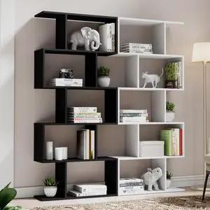 Cozy Castle Set of 2 Geometric Bookcase, S-Shaped Modern Bookshelf, Room Divider Bookshelf, 62" Tall Unique Abstract Bookcase with 5-Tier Display Shelf for Living Room Office, White & Black Cozy Castle Set of 2 Geometric Bookcase, S-Shaped Modern Bookshelf, Room Divider Bookshelf, 62" Tall Unique Abstract Bookcase with 5-Tier Display Shelf for Living Room Office, White & Black