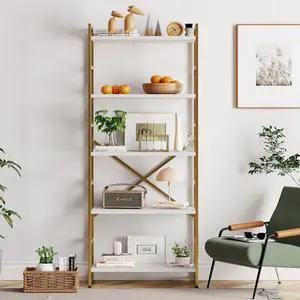 Vongrasig 5 Tier Bookshelf, Modern Tall Bookcase, Industrial Book Shelves Display Standing Shelf, Free Standing Storage Organizer for Bedroom, Living Room, White+Gold Vongrasig 5 Tier Bookshelf, Modern Tall Bookcase, Industrial Book Shelves Display Standing Shelf, Free Standing Storage Organizer for Bedroom, Living Room, White+Gold