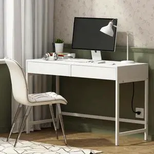 Treocho White Desk with USB Charging Ports and Power Outlets, Modern Simple 47 inch Computer Desk with 2 Drawers, Vanity Table, Makeup Table for Home Office, Bedroom Treocho White Desk with USB Charging Ports and Power Outlets, Modern Simple 47 inch Computer Desk with 2 Drawers, Vanity Table, Makeup Table for Home Office, Bedroom