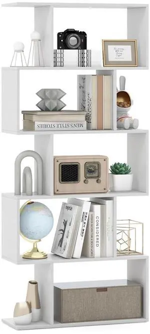 Giantex 5-Tier Geometric Bookshelf White, 62.5" Tall Wood S-Shaped Bookcase with Anti-Tipping Device, Floor Standing Display Shelf for Bedroom, Living Room, Study Giantex 5-Tier Geometric Bookshelf White, 62.5" Tall Wood S-Shaped Bookcase with Anti-Tipping Device, Floor Standing Display Shelf for Bedroom, Living Room, Study