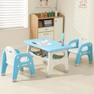 Kids Table and 2 Chairs Set, Toddlers Table and Chairs Set with Large Built-in Storage Shelf, Kids Activity Table for Reading, Drawing, Eating, Playing, with Anti-Slip Foot Covers, Blue Kids Table and 2 Chairs Set, Toddlers Table and Chairs Set with Large Built-in Storage Shelf, Kids Activity Table for Reading, Drawing, Eating, Playing, with Anti-Slip Foot Covers, Blue