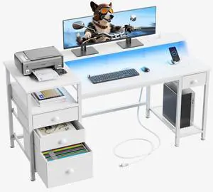 Furologee 60" White Office Computer Desk with 4 Drawers,Gaming Desk with LED Lights and Power Outlets,Long Desk with Fabric File Cabinet,Study Writing Work Table with Shelf for Bedroom Home Office Furologee 60" White Office Computer Desk with 4 Drawers,Gaming Desk with LED Lights and Power Outlets,Long Desk with Fabric File Cabinet,Study Writing Work Table with Shelf for Bedroom Home Office