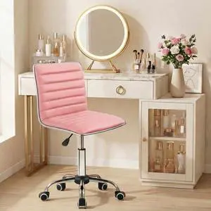 JUMMICO Armless Vanity Office Chair with Wheels, Small Cute Makeup Desk Chair Ribbed Leather Swivel Computer Task Chair (Pink) JUMMICO Armless Vanity Office Chair with Wheels, Small Cute Makeup Desk Chair Ribbed Leather Swivel Computer Task Chair (Pink)