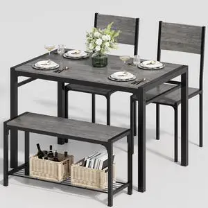 Furmax Dining Table Set for 4, Modern Kitchen Table Bench and Chairs Rectangular Dining Room Table Set with Storage Bench for Small Space, Apartment, Restaurant (Grey) Furmax Dining Table Set for 4, Modern Kitchen Table Bench and Chairs Rectangular Dining Room Table Set with Storage Bench for Small Space, Apartment, Restaurant (Grey)