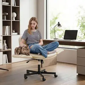 Furmax Vanity Chair with Adjustable Armrests, Comfortable Oversized PU Leather Criss Cross Chair with Wheels, Wide Office Desk Chair for Home, Make Up, Bed Room (Beige) Furmax Vanity Chair with Adjustable Armrests, Comfortable Oversized PU Leather Criss Cross Chair with Wheels, Wide Office Desk Chair for Home, Make Up, Bed Room (Beige)