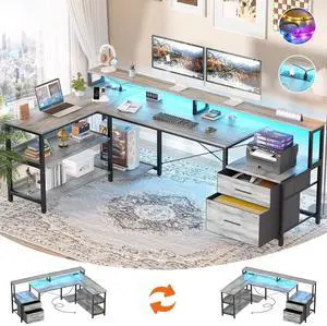 Aheaplus L Shaped Desk with Power Outlet, Reversible L Shaped Computer Desk with File Drawer & Monitor Stand, Gaming Desks with LED Strip, Home Office Desks with Storage Shelf,1White Oak Aheaplus L Shaped Desk with Power Outlet, Reversible L Shaped Computer Desk with File Drawer & Monitor Stand, Gaming Desks with LED Strip, Home Office Desks with Storage Shelf,1White Oak