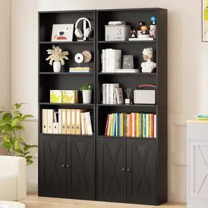 Vongrasig 6-Tier Open Bookcase and Bookshelf with Doors, Floor Standing Farmhouse Display Storage Shelves 71 Inch Wood Tall Bookcase for Home Office, Living Room, Bed Room, Black, 2 Pieces Vongrasig 6-Tier Open Bookcase and Bookshelf with Doors, Floor Standing Farmhouse Display Storage Shelves 71 Inch Wood Tall Bookcase for Home Office, Living Room, Bed Room, Black, 2 Pieces
