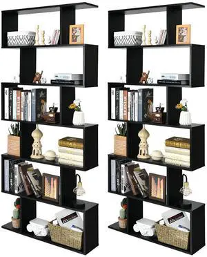 Giantex Geometric Bookcase Set of 2, S-Shaped Wooden Bookshelf, 6-Tier Modern Freestanding Decorative Storage Display Shelves for Bedroom, Living Room (2, Black) Giantex Geometric Bookcase Set of 2, S-Shaped Wooden Bookshelf, 6-Tier Modern Freestanding Decorative Storage Display Shelves for Bedroom, Living Room (2, Black)