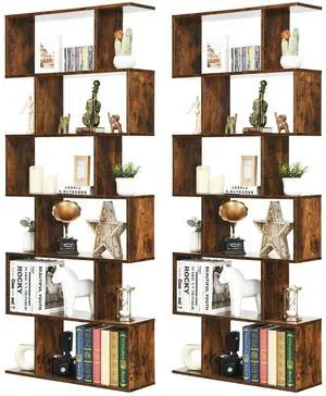 Giantex Geometric Bookcase Set of 2, S-Shaped Wooden Bookshelf, 6-Tier Modern Freestanding Decorative Storage Display Shelves for Bedroom, Living Room, Rustic Brown Giantex Geometric Bookcase Set of 2, S-Shaped Wooden Bookshelf, 6-Tier Modern Freestanding Decorative Storage Display Shelves for Bedroom, Living Room, Rustic Brown